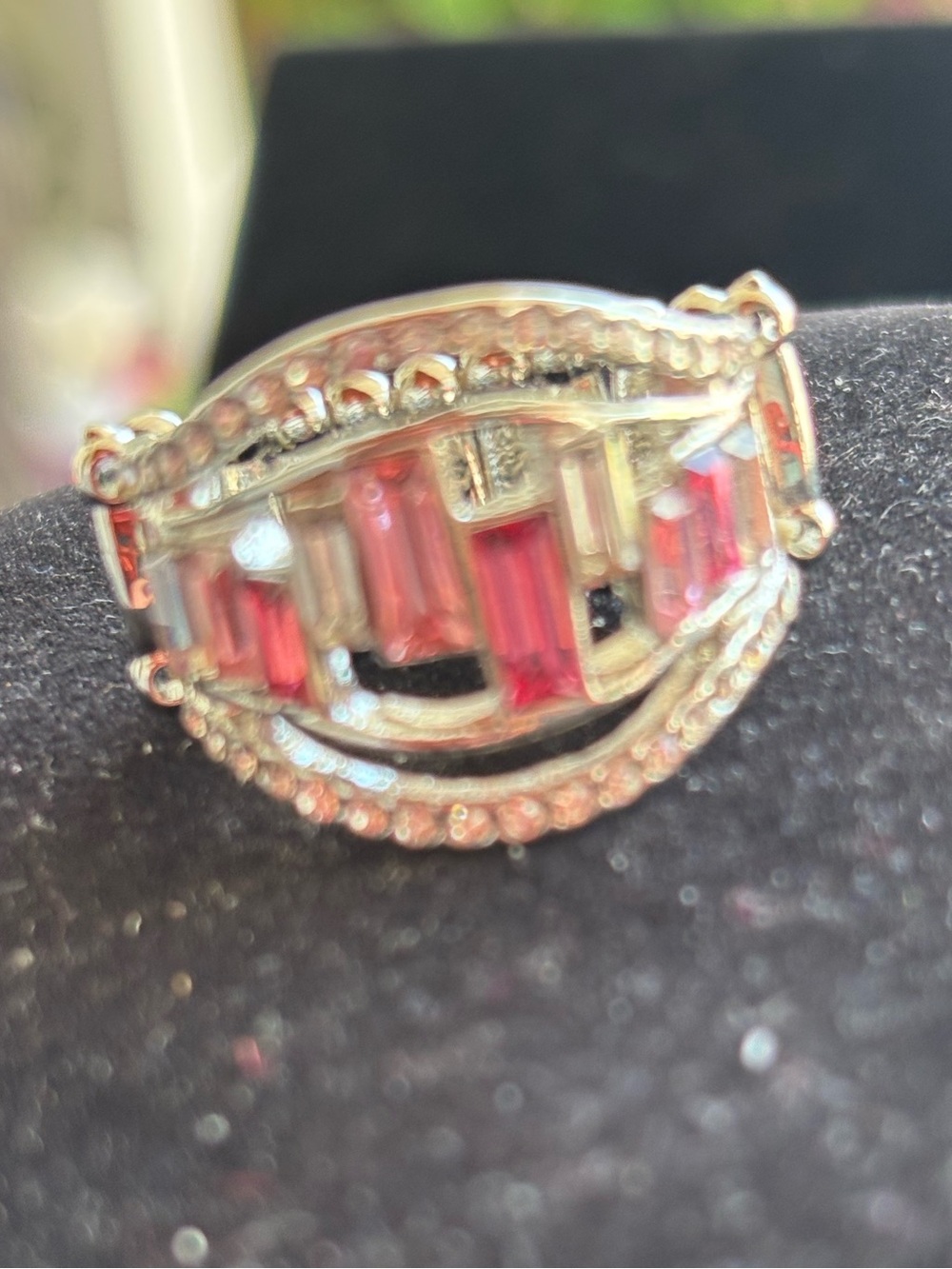Sterling-Style Pink Baguette Ring with Clear Accents